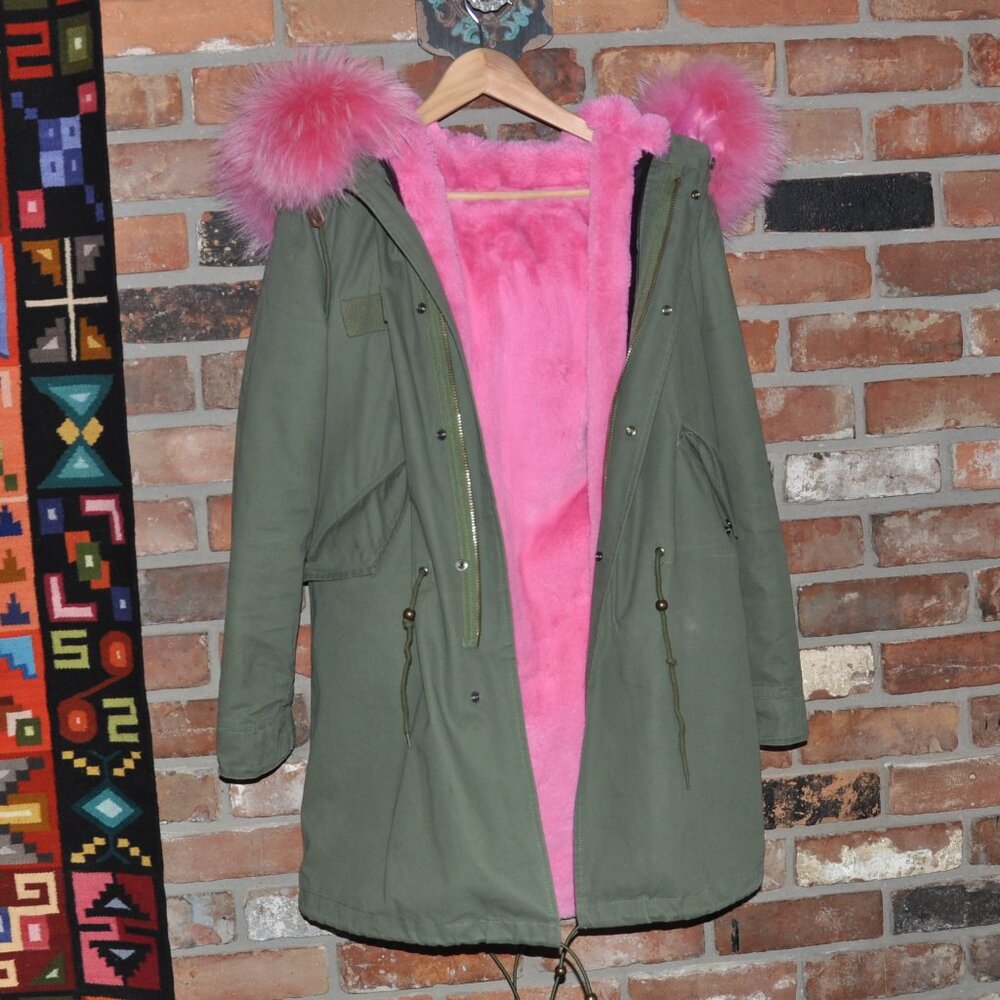 Green Parka Pink Raccoon Fur Trim, Faux Fur Lining M
